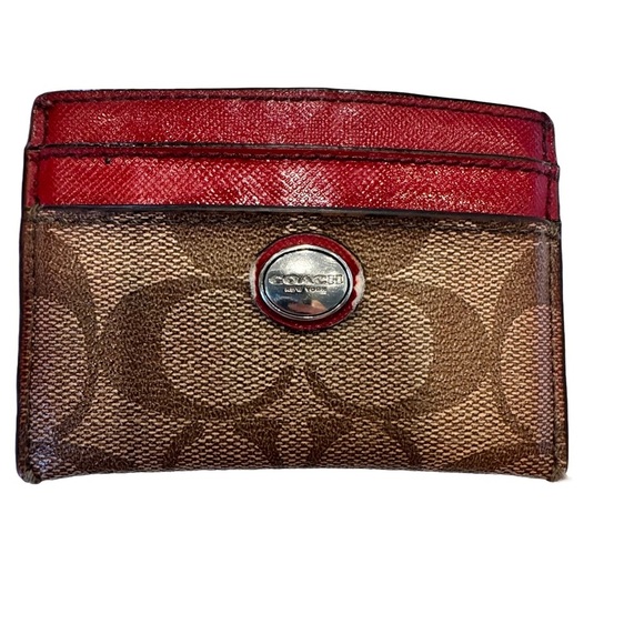 Coach Card Holder Cards Case Signature Canvas Red/Brown 5 slots - Picture 1 of 10